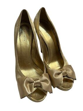 Coach Signature Canvas Peep Toe Pumps Gold Bow Heels Women's Size 9B
